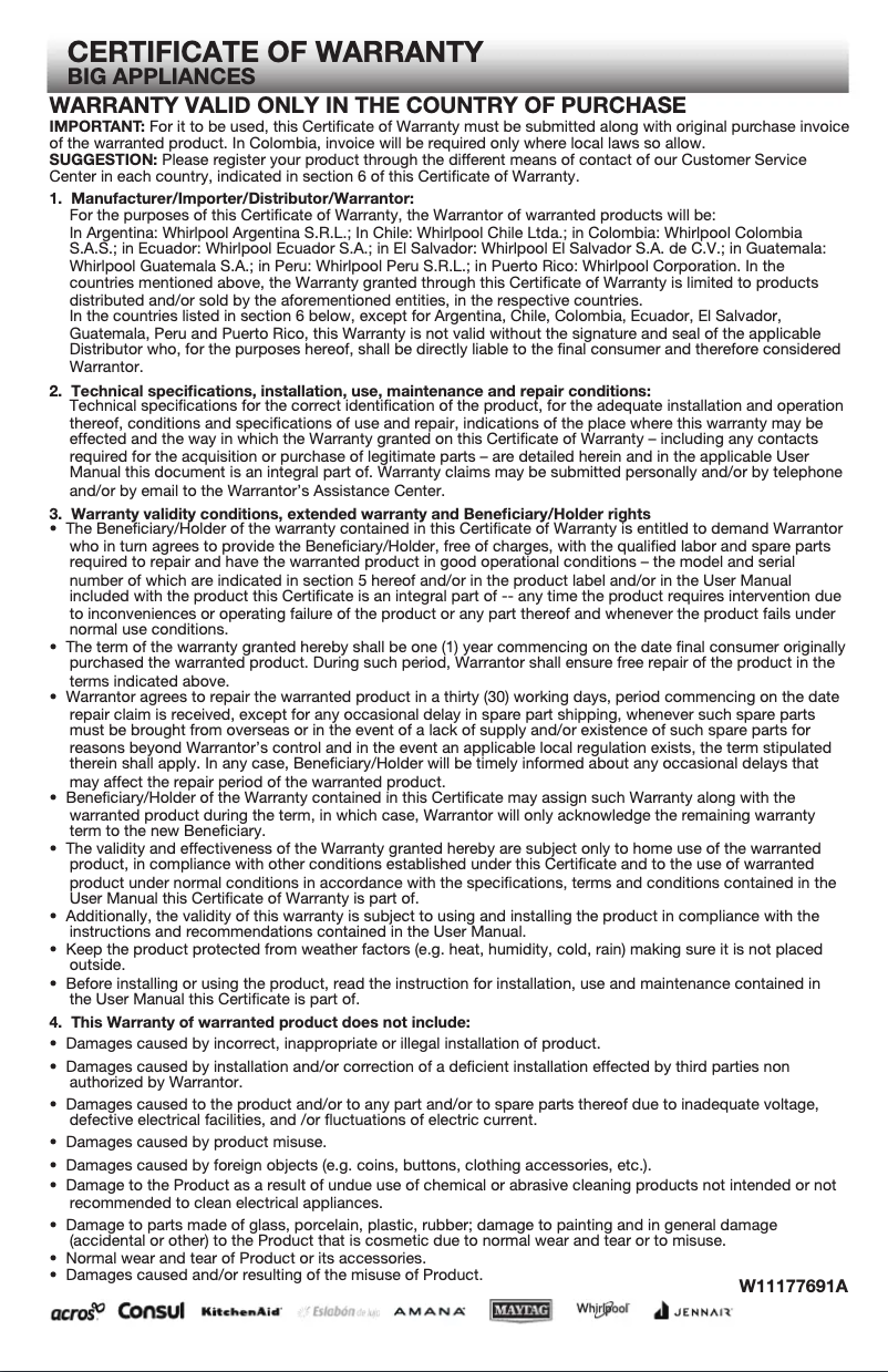 Página 1 del manual Información de garantía KitchenAid KDFE104D