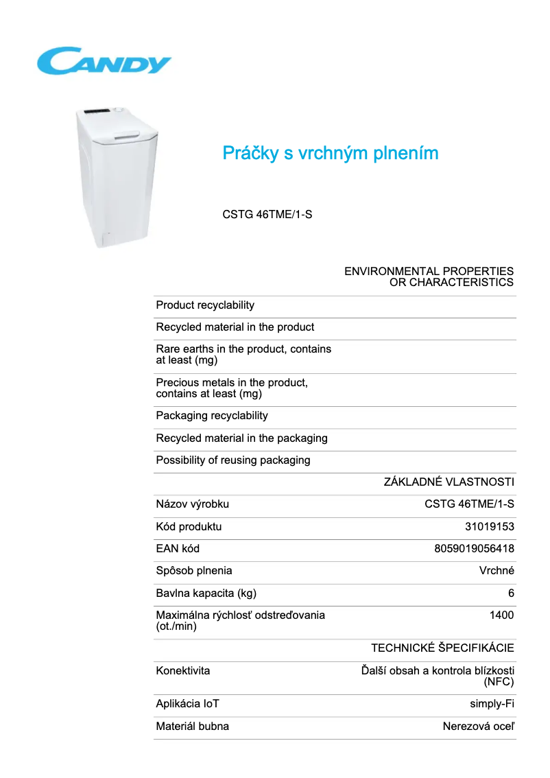 Page 1 de la notice Fiche technique Candy CSTG 46TME/1-S