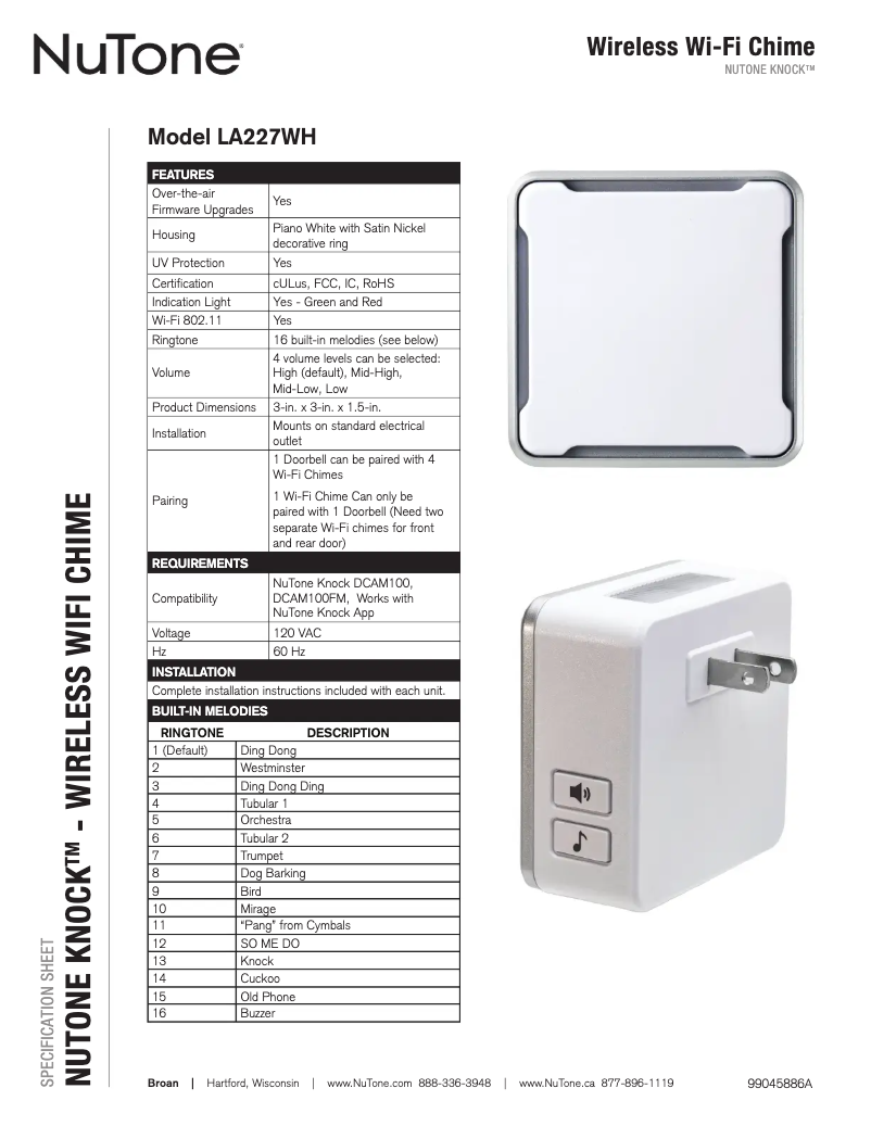 Page n°1 - Fiche technique NuTone LA227WH
