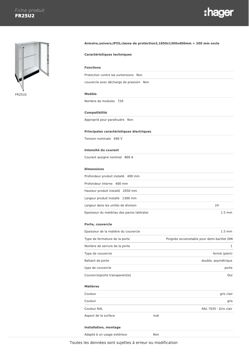 Page n°1 - Fiche technique Hager FR25U2