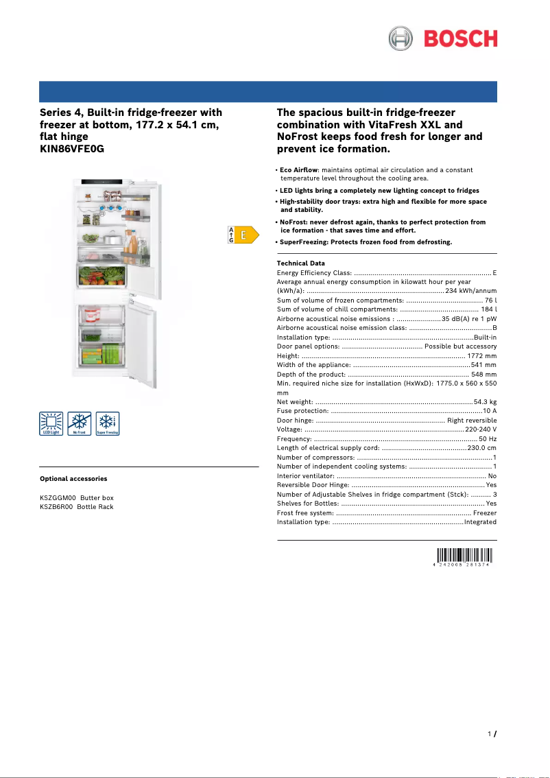 Página 1 del manual Ficha técnica Bosch Serie 4 KIN86VFE0G