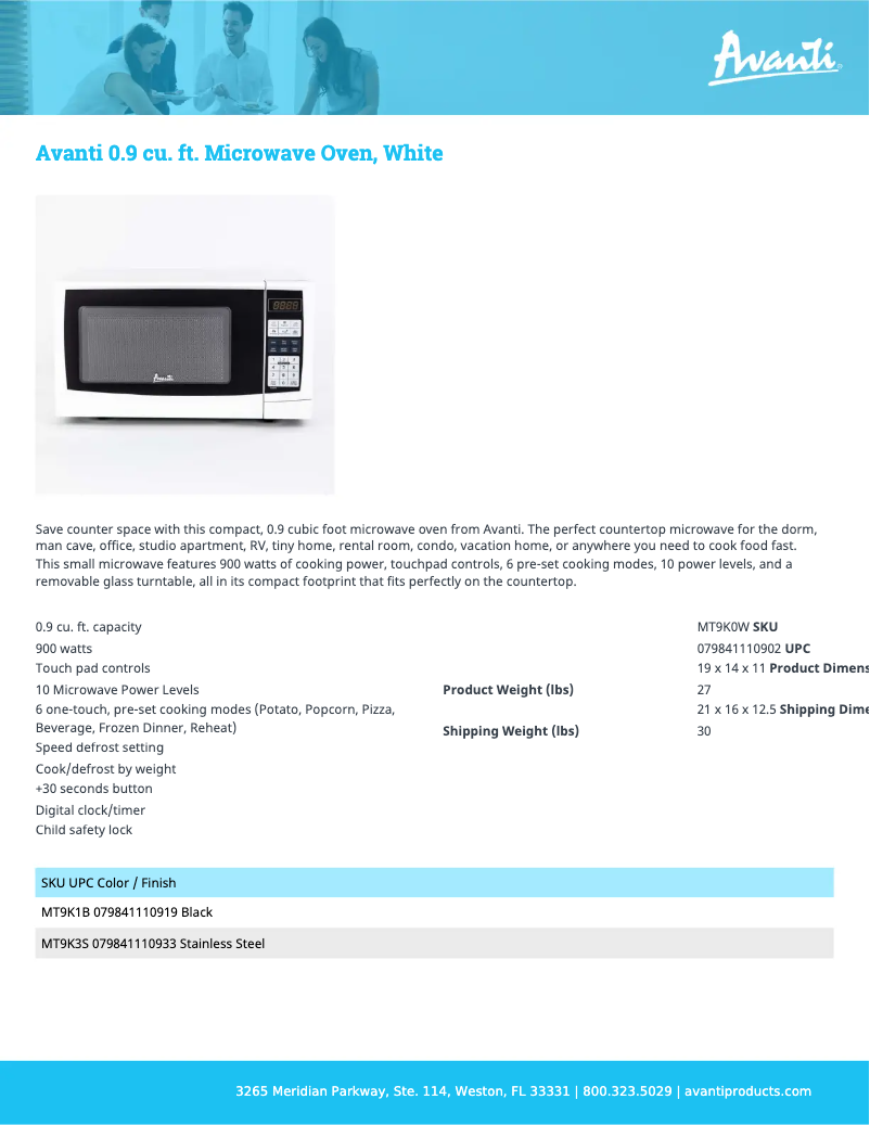 Page n°1 - Fiche technique Avanti MT9K0W