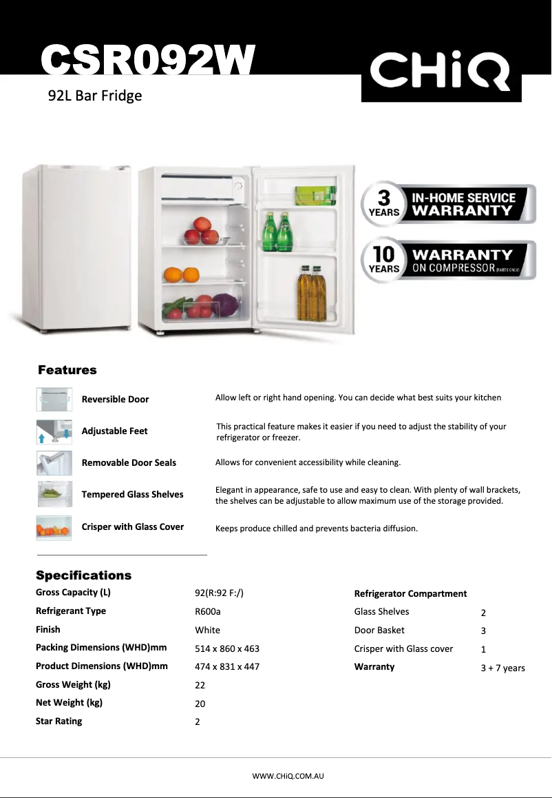 Page 1 de la notice Fiche technique CHiQ CSR092W