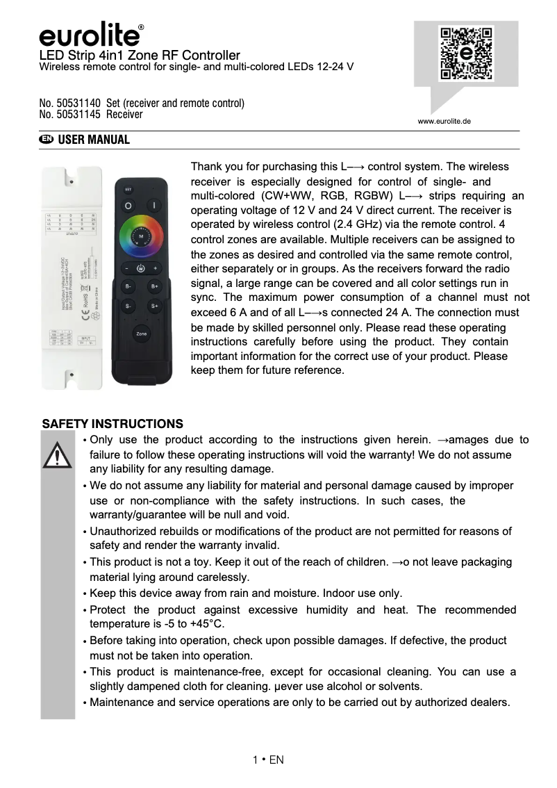 Page n°1 - Manuel utilisateur Eurolite LED Strip 4in1 Zone RF Controller
