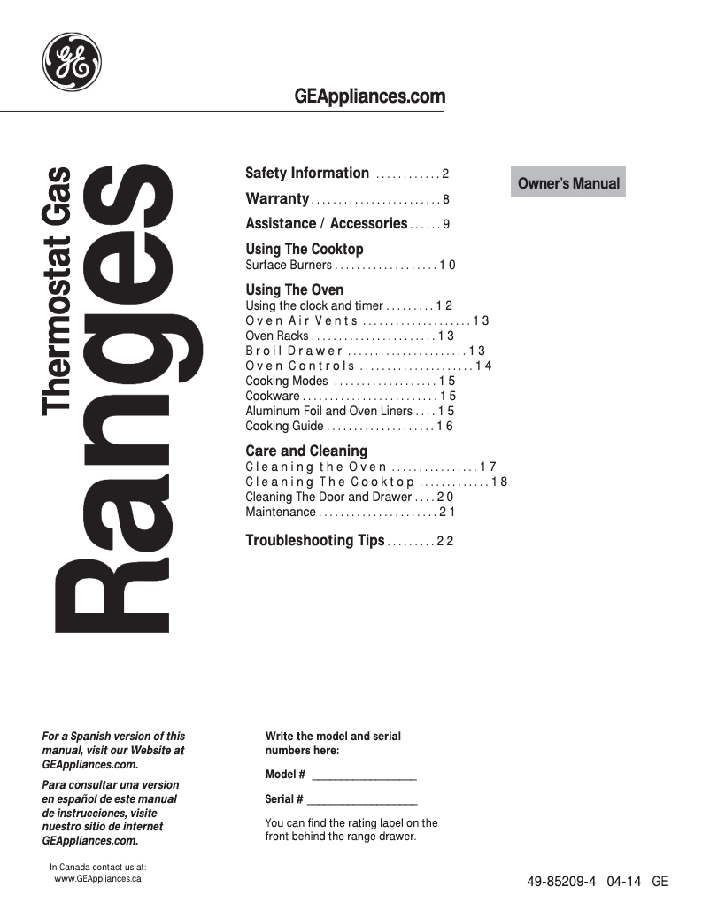 Page n°1 - Manuel d'utilisation et d'entretien GE JGB450DEFBB