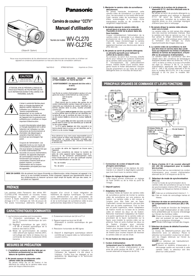 Page n°1 - Manuel utilisateur Panasonic WV-CL270