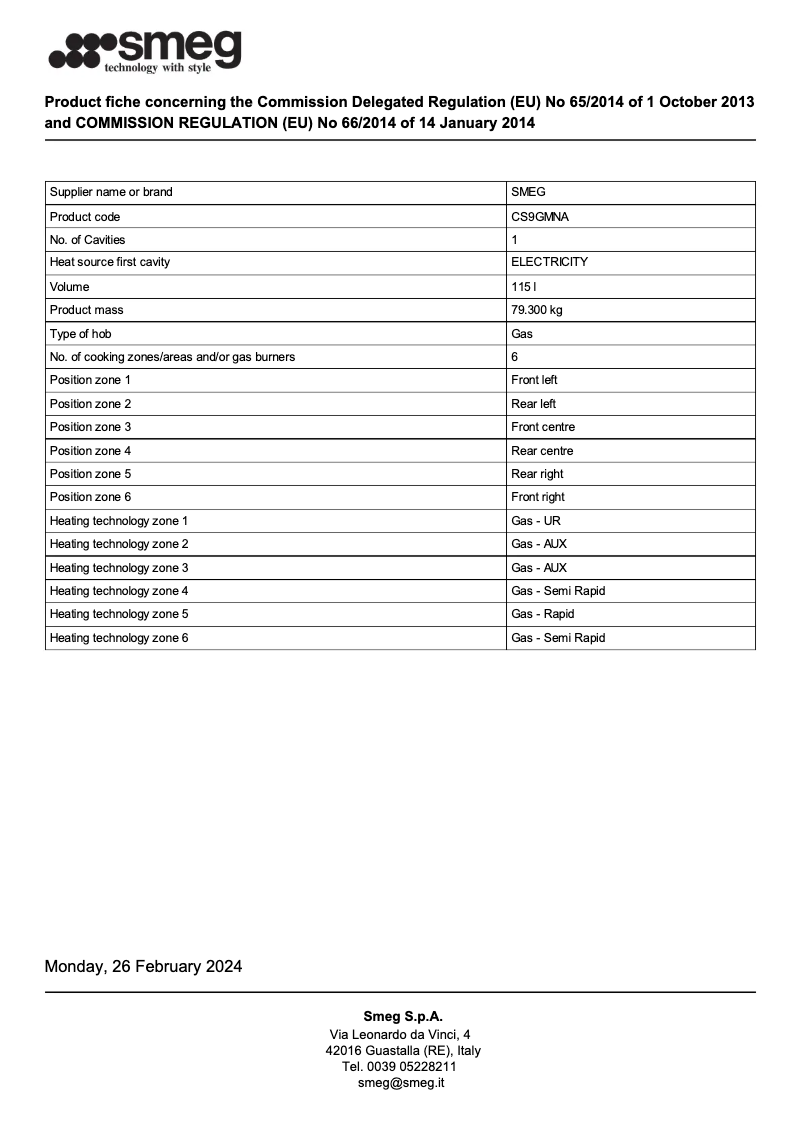 Page 1 de la notice Fiche technique Smeg CS9GMNA