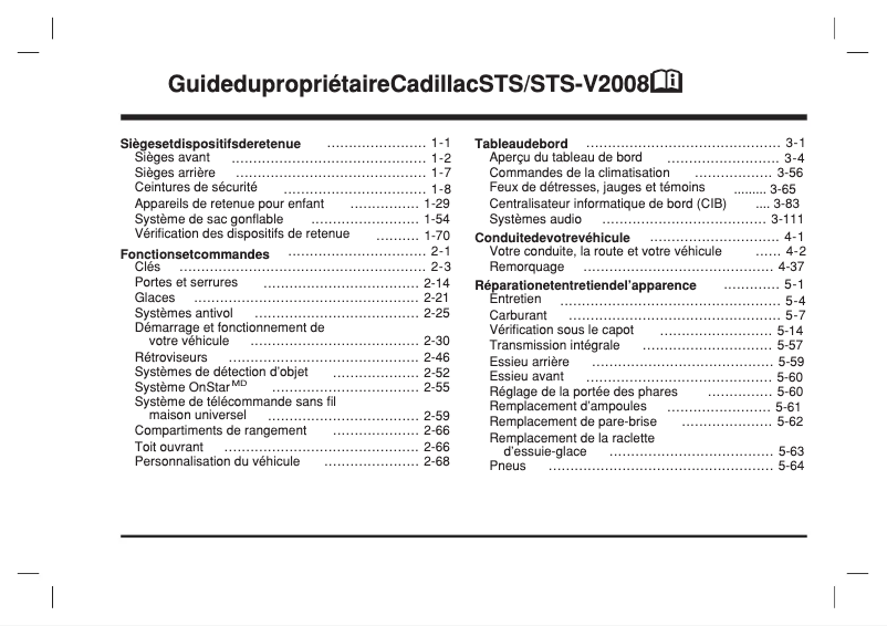 Page 1 de la notice Manuel utilisateur Cadillac STS (2008)