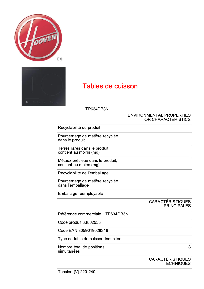 Page 1 of the manual Technical Sheet Hoover H-HOB 500 HTP634DB3N