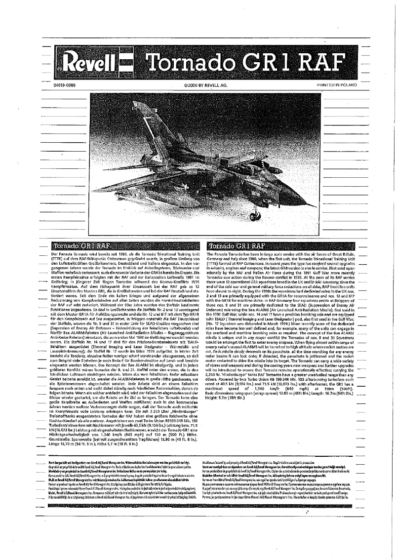 Page 1 de la notice Manuel utilisateur Revell Tornado GR.1 RAF