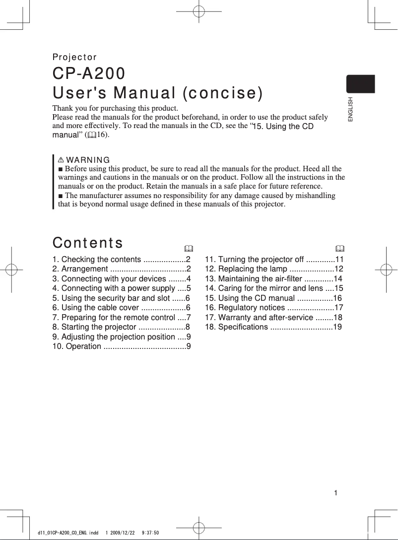 Page 1 de la notice Manuel utilisateur Hitachi CP-A200