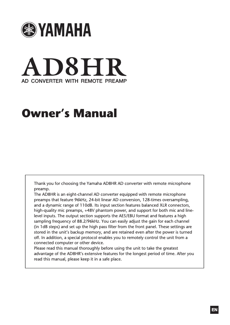 Page 1 de la notice Manuel utilisateur Yamaha AD8HR