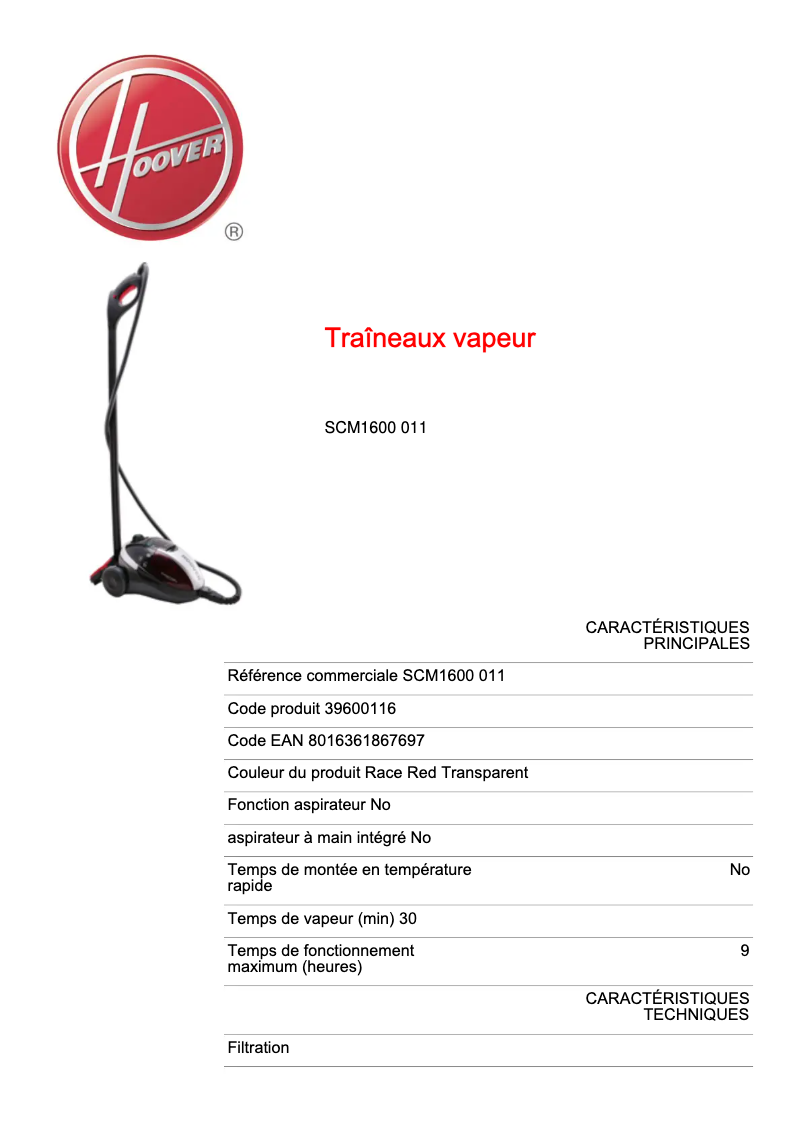Page 1 de la notice Fiche technique Hoover SteamJet Compact SCM 1600