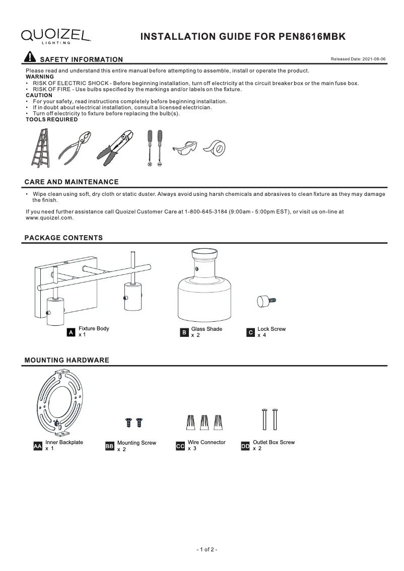 Page 1 de la notice Manuel utilisateur Quoizel Pensbury PEN8616MBK