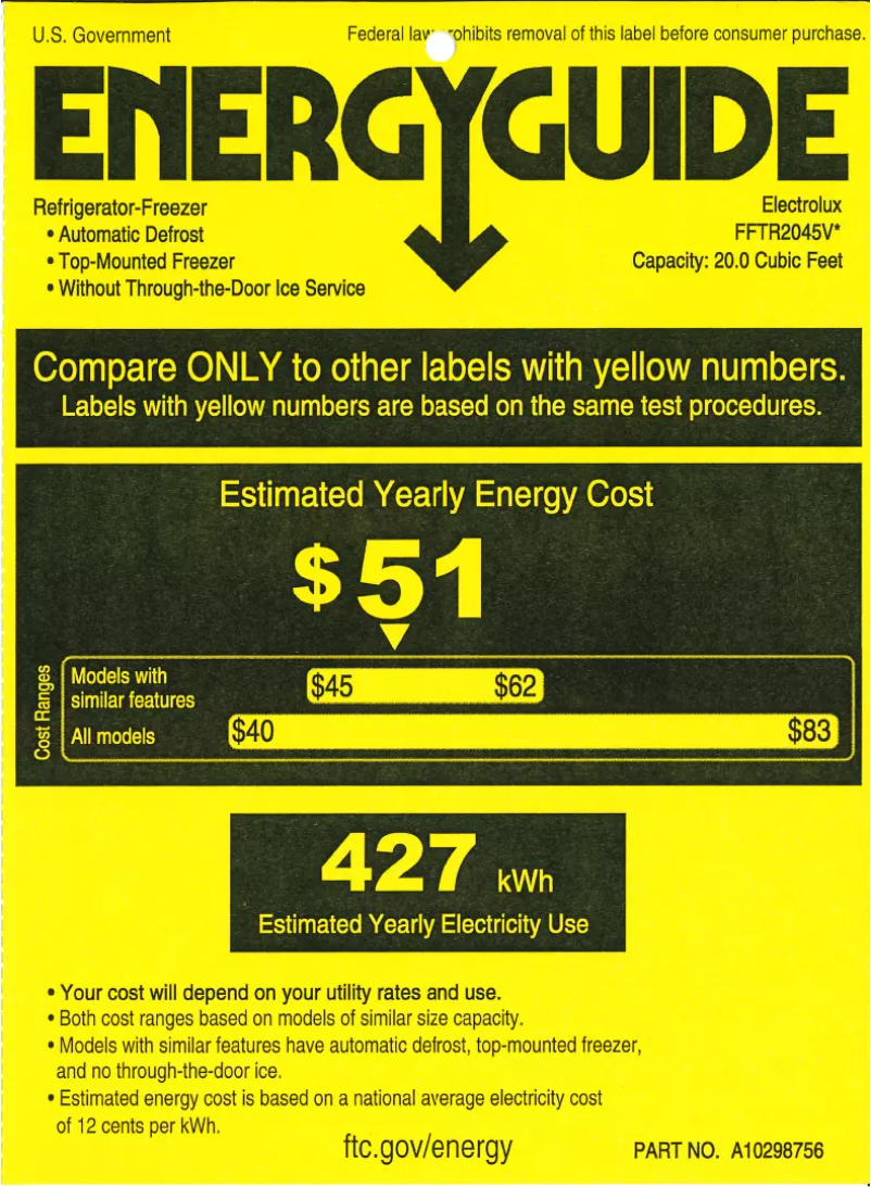 Página 1 del manual Etiqueta energética Frigidaire FFTR2045VS