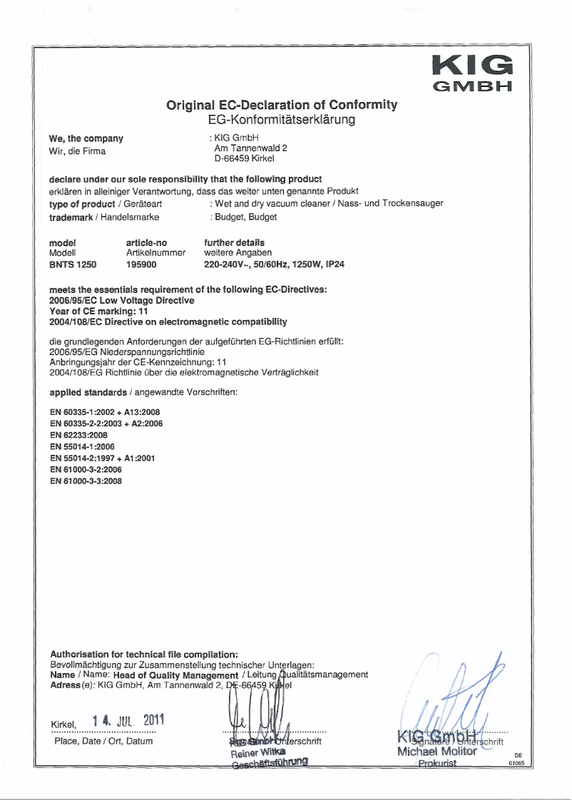 Page 1 de la notice Manuel utilisateur Budget BNTS 1250