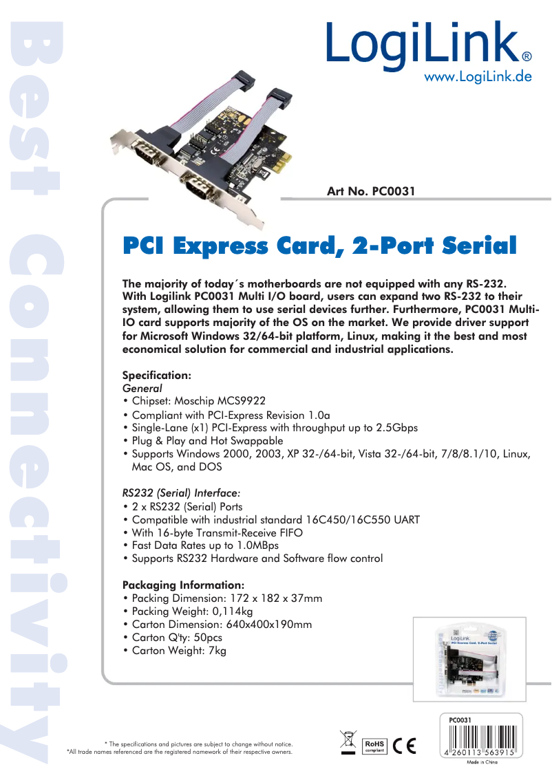 Page 1 de la notice Manuel utilisateur LogiLink PC0031