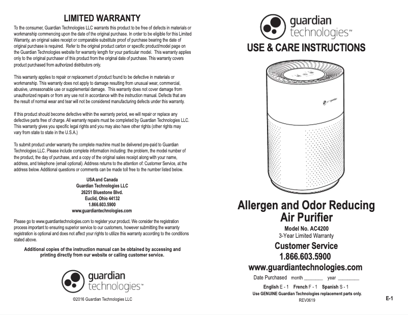 Page n°1 - Manuel utilisateur GermGuardian AC4200