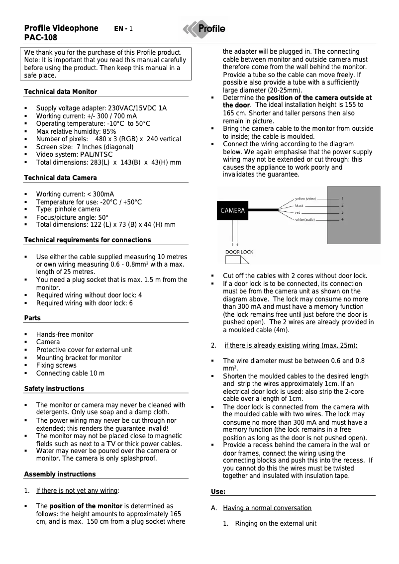 Page 1 de la notice Manuel utilisateur Profile PAC-108 Luxe