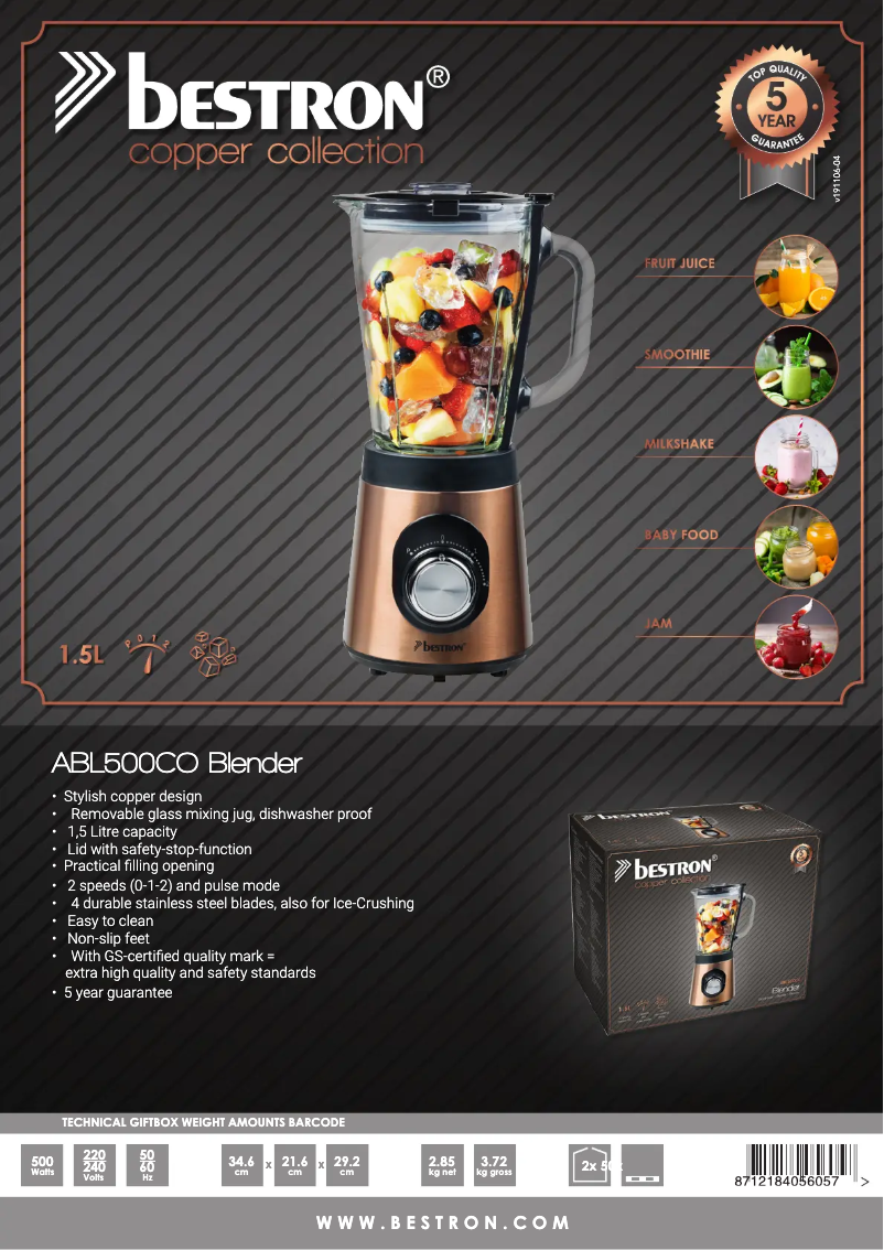 Page 1 de la notice Fiche technique Bestron ABL500CO