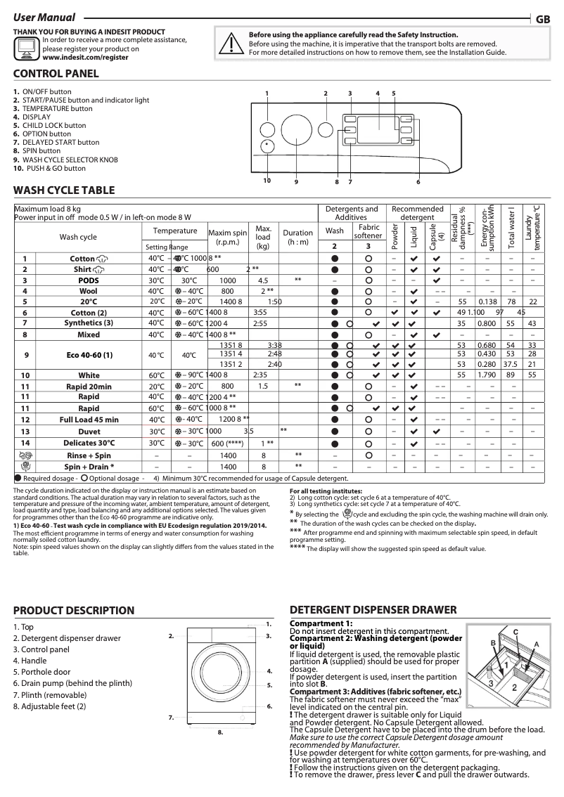 Page 1 de la notice Manuel d'utilisation et d'entretien Indesit BWE 81496X WSV EE