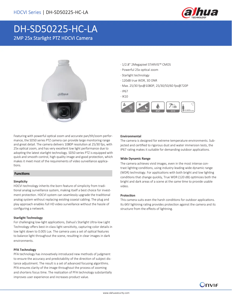 Page 1 de la notice Fiche technique Dahua Technology SD50225-HC-LA