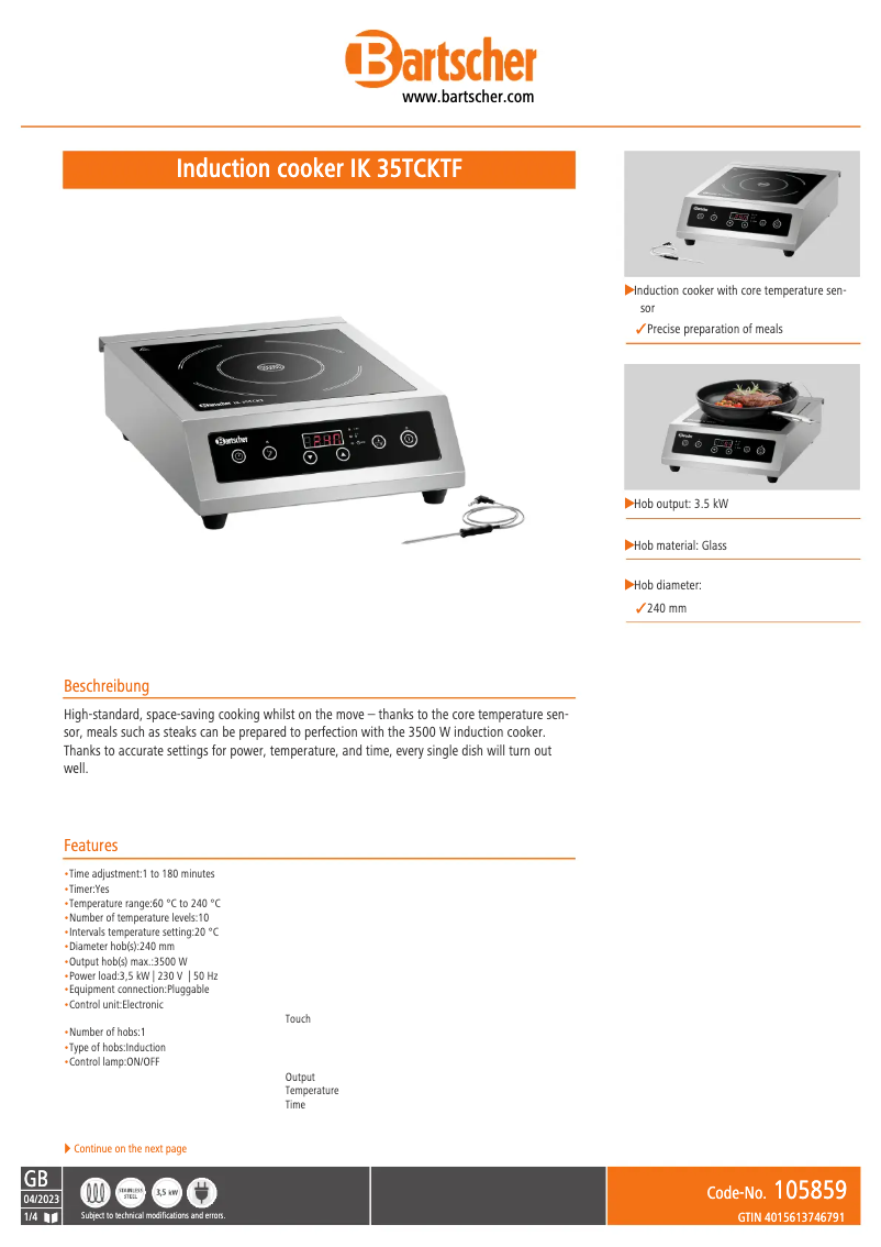 Page 1 de la notice Fiche technique Bartscher IK 35TCKTF