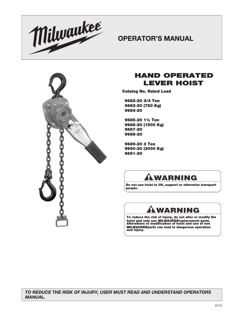 Page 1 de la notice Manuel utilisateur Milwaukee 9686-20