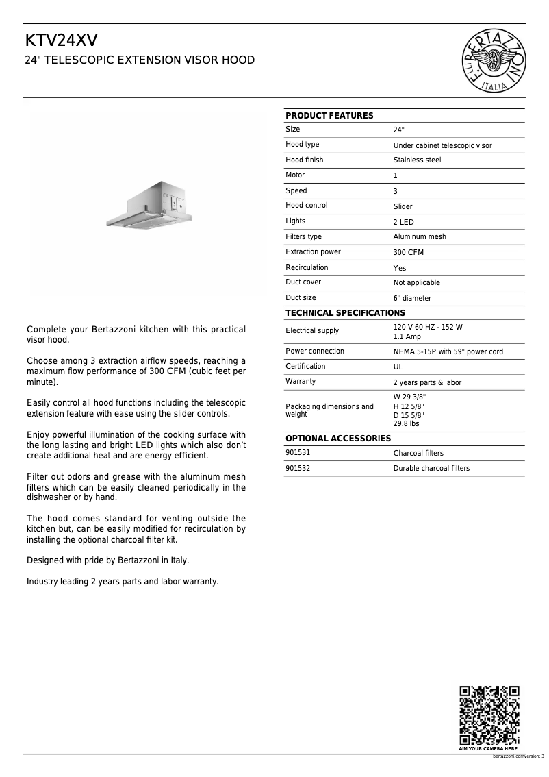 Page 1 de la notice Fiche technique Bertazzoni KTV24XV