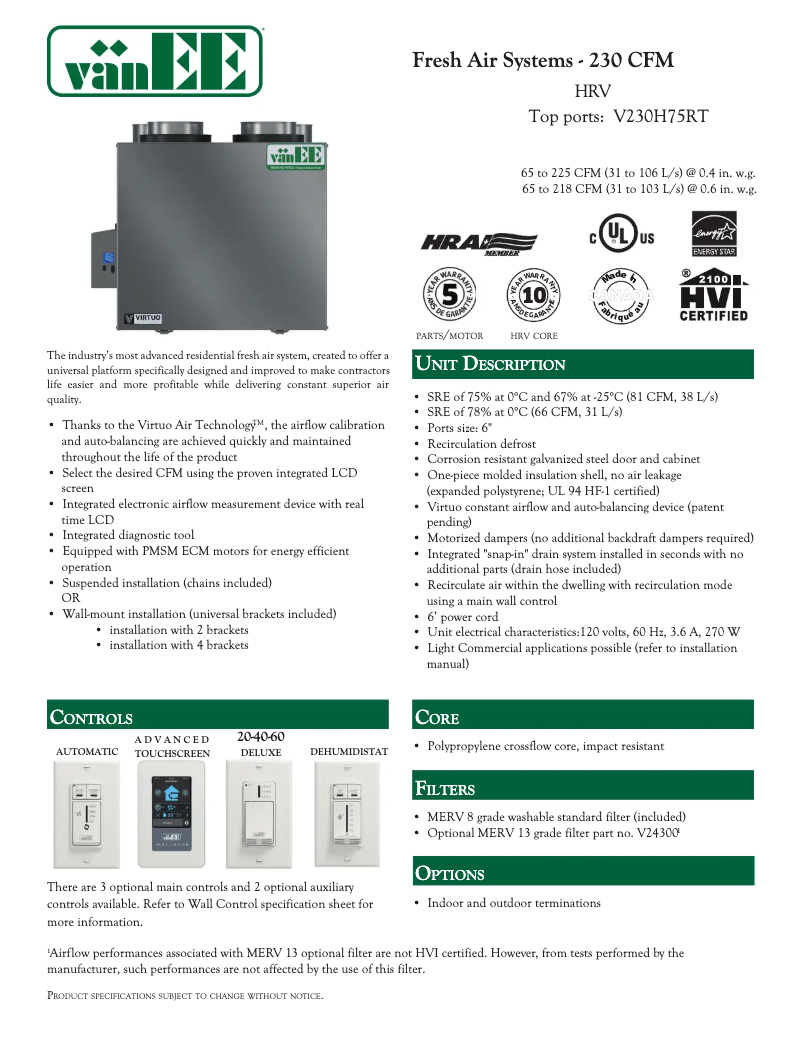 Page 1 de la notice Fiche technique vänEE V230H75RT