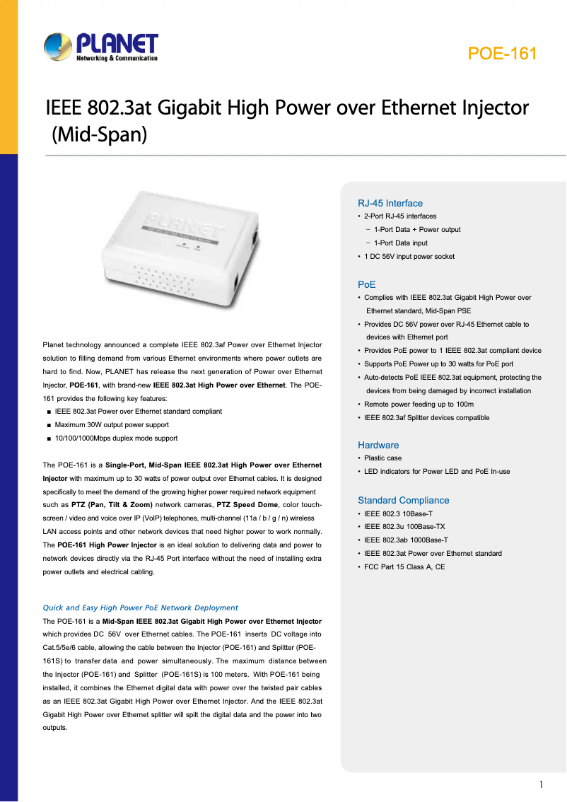 Page 1 de la notice Fiche technique Planet POE-161
