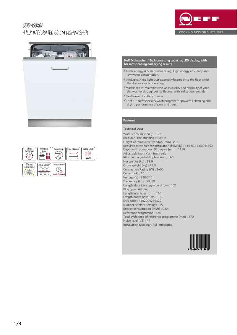 Page 1 of the manual Technical Sheet Neff S515M60X0A