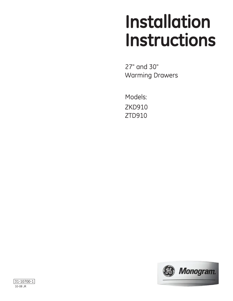 Page n°1 - Guide d'installation GE ZTD910BFBB