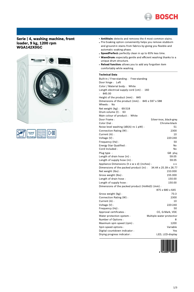 Page 1 de la notice Fiche technique Bosch WGA142X0GC