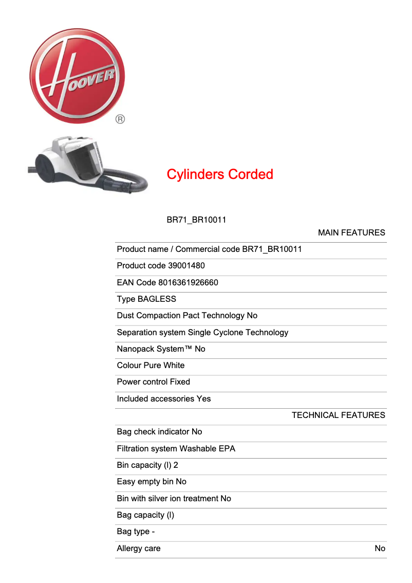 Page 1 de la notice Fiche technique Hoover BR71_BR10011