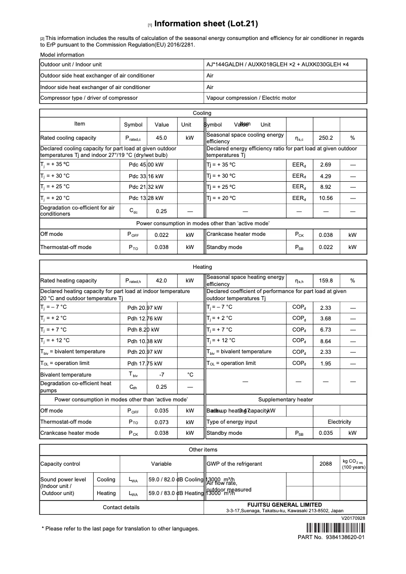 Page 1 de la notice Fiche technique Fujitsu Airstage AJH144GALDH