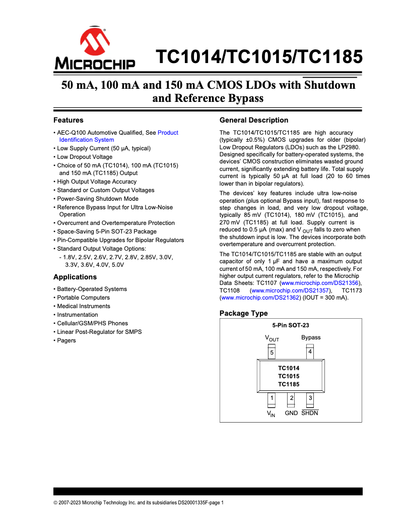 Page 1 de la notice Fiche technique Microchip TC1015