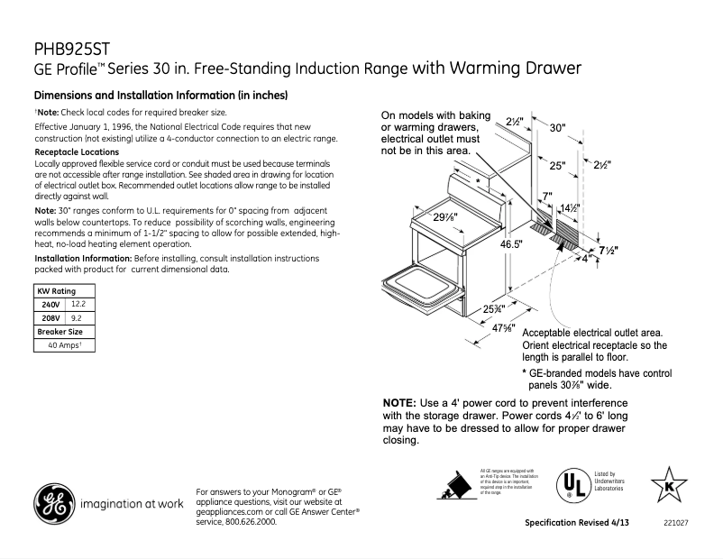 Página 1 del manual Ficha técnica GE Profile PHB925STSS