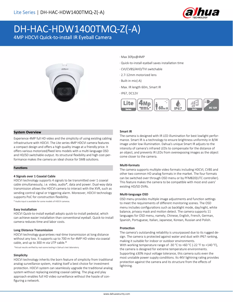 Page 1 de la notice Fiche technique Dahua Technology HAC-HDW1400TMQ-Z-A