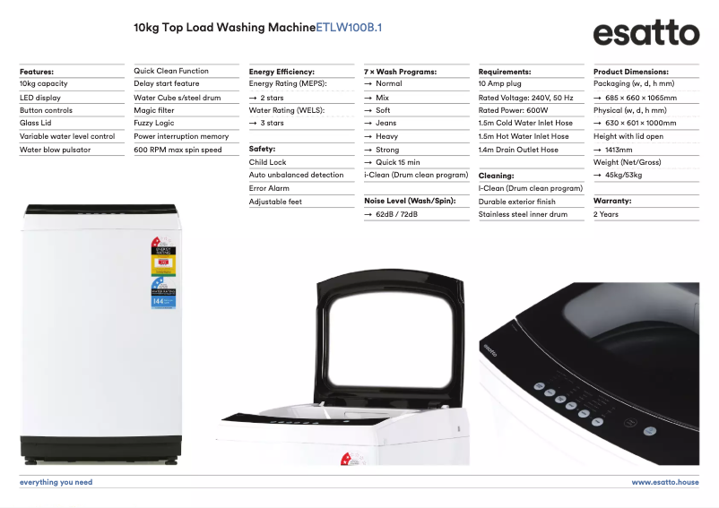 Page 1 de la notice Fiche technique Esatto ETLW100B.1