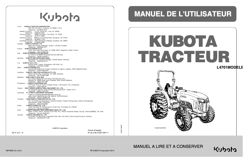 Page 1 de la notice Manuel utilisateur Kubota L3301