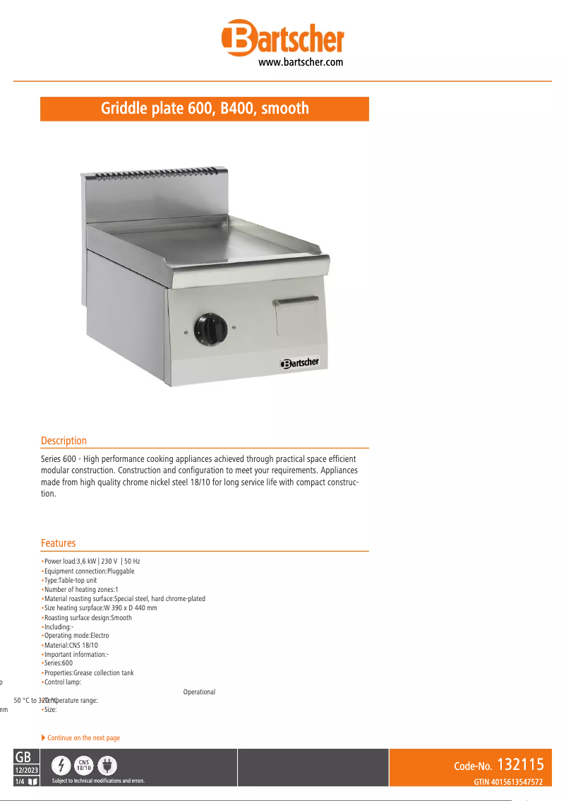 Page n°1 - Fiche technique Bartscher 132115