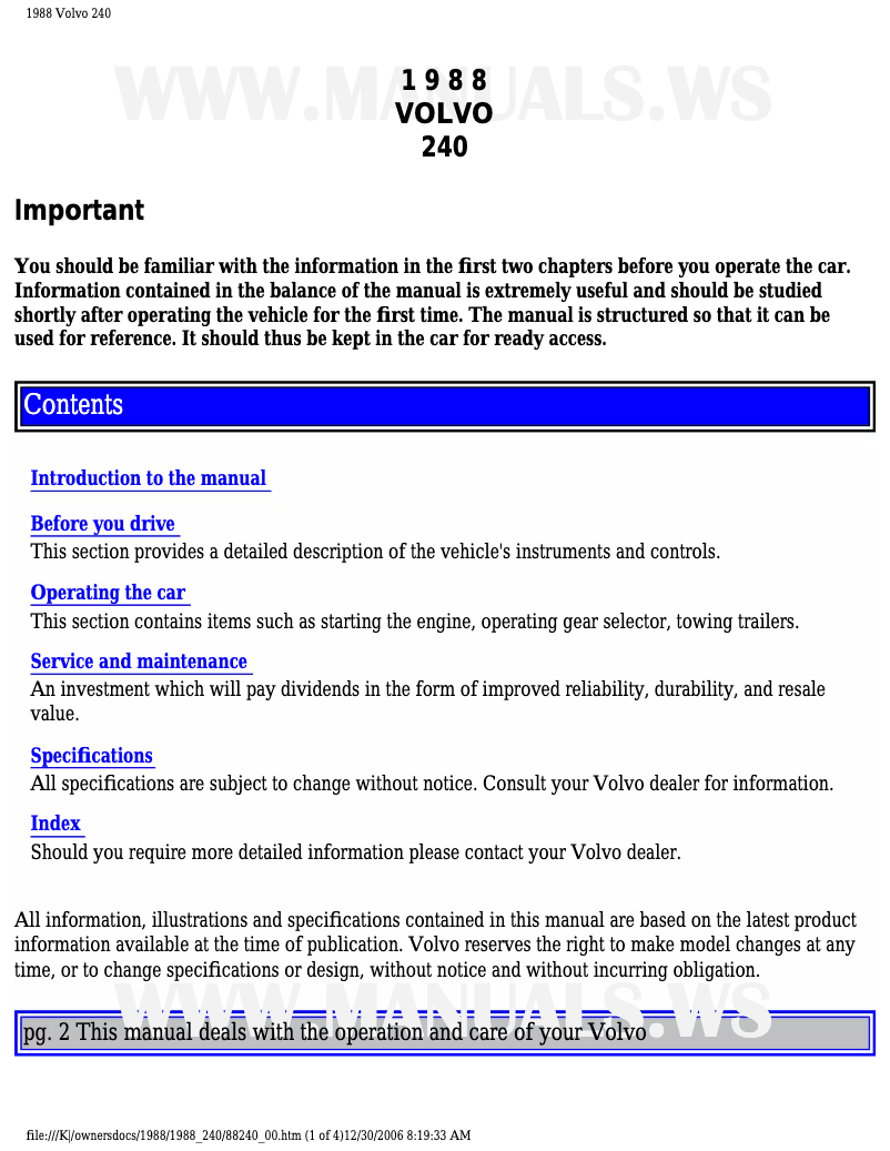 Page 1 de la notice Manuel utilisateur Volvo 240 (1988)