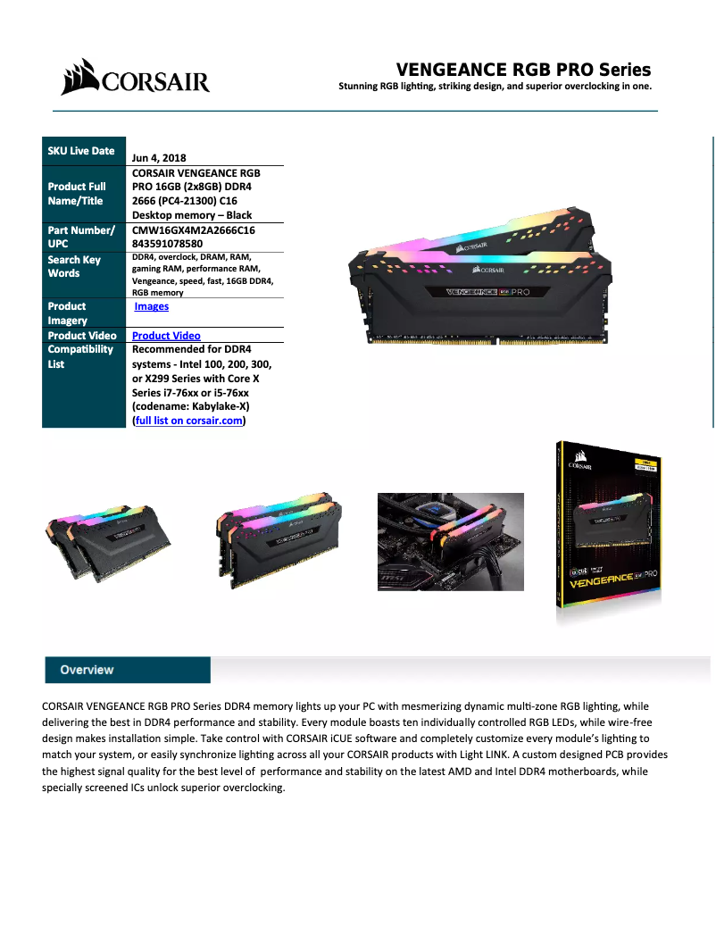 Page 1 de la notice Manuel utilisateur Corsair DDR4 DIMM 2666 Mhz/16