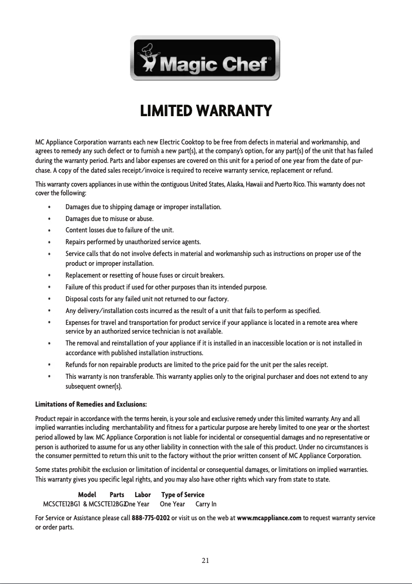 Página 1 del manual Información de garantía Magic Chef MCSCTE12BG2