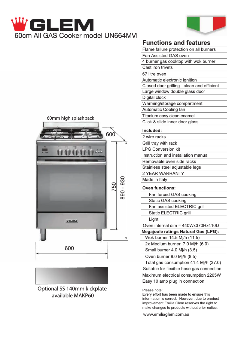 Page 1 de la notice Fiche technique Glem Gas UN664MVI