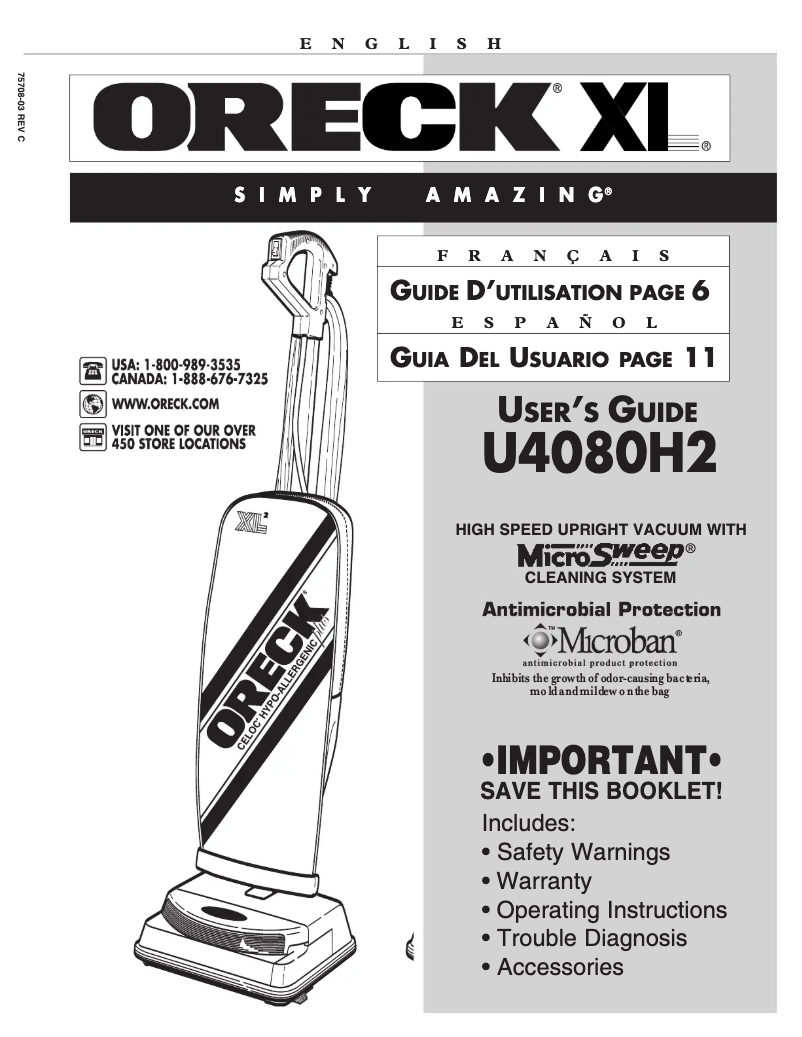 Page 1 de la notice Manuel utilisateur Oreck Ultra U4080H2