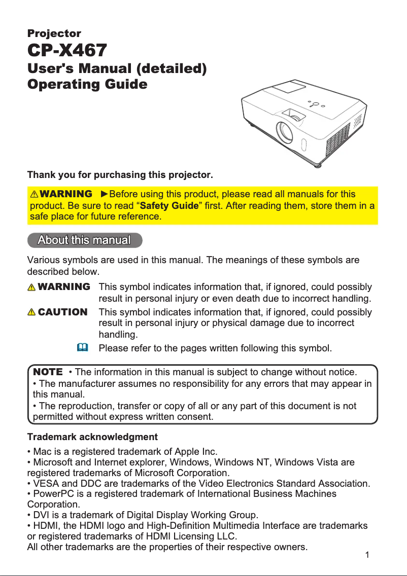 Page n°1 - Manuel utilisateur Hitachi CP-X467WF
