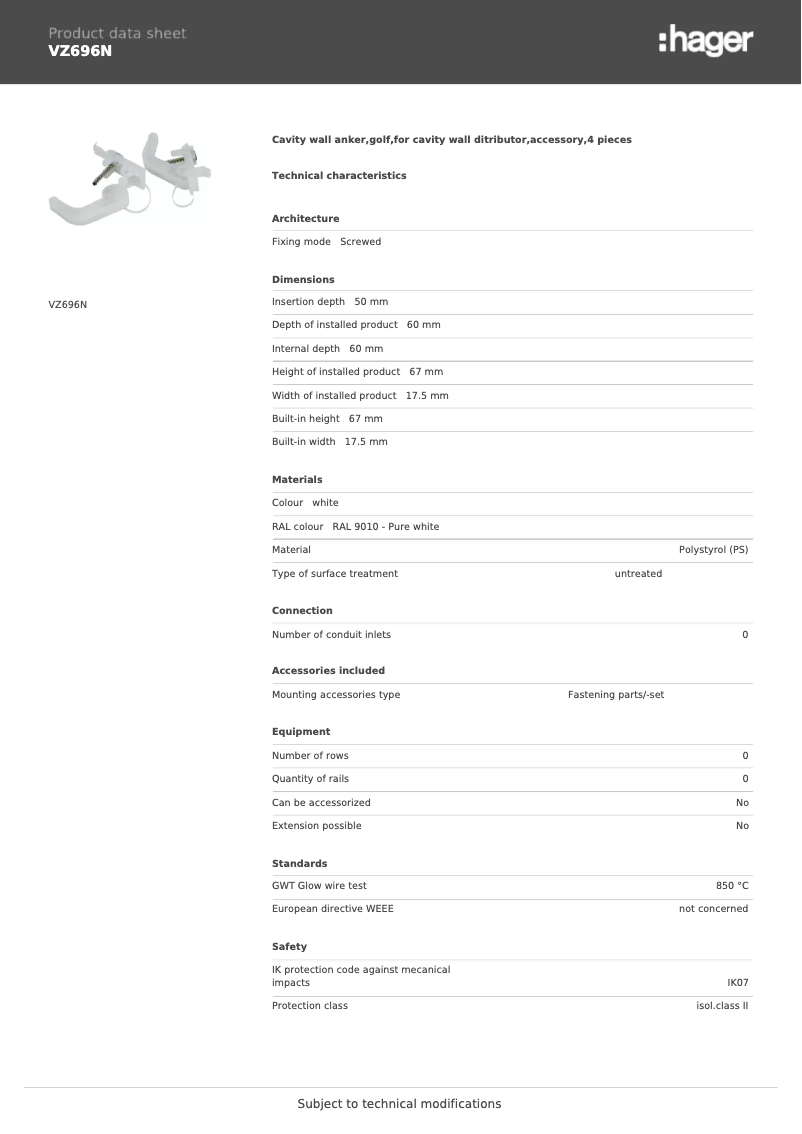 Page n°1 - Fiche technique Hager VZ696N
