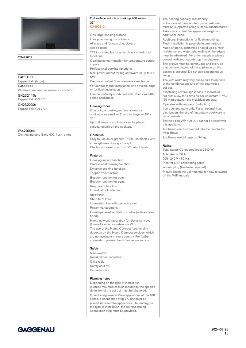 Página 1 del manual Ficha técnica Gaggenau CX492612